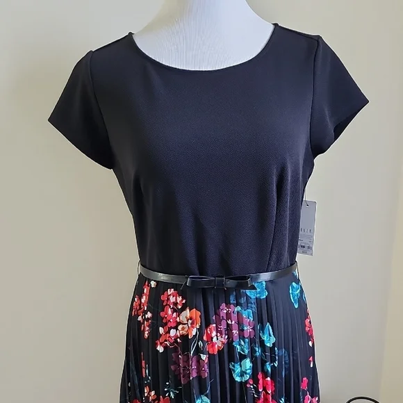 Elle Black Midi Dress with Floral Pleated Skirt Size Petite Large - Picture 3 of 8